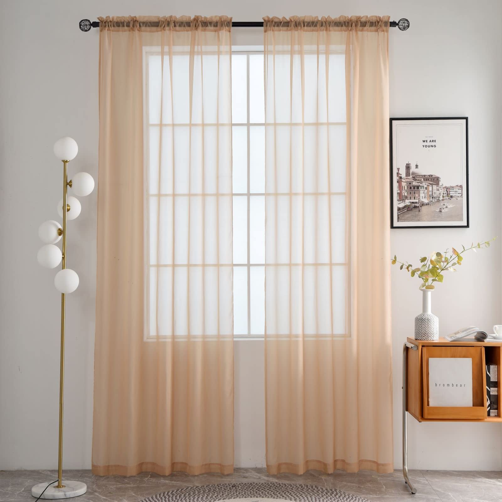 Spacedresser Beige Sheer Curtains 4 Panels Rod Pocket Semi-Sheer Curtain 84 Inches Long Light Filtering Voile Window Drapes For