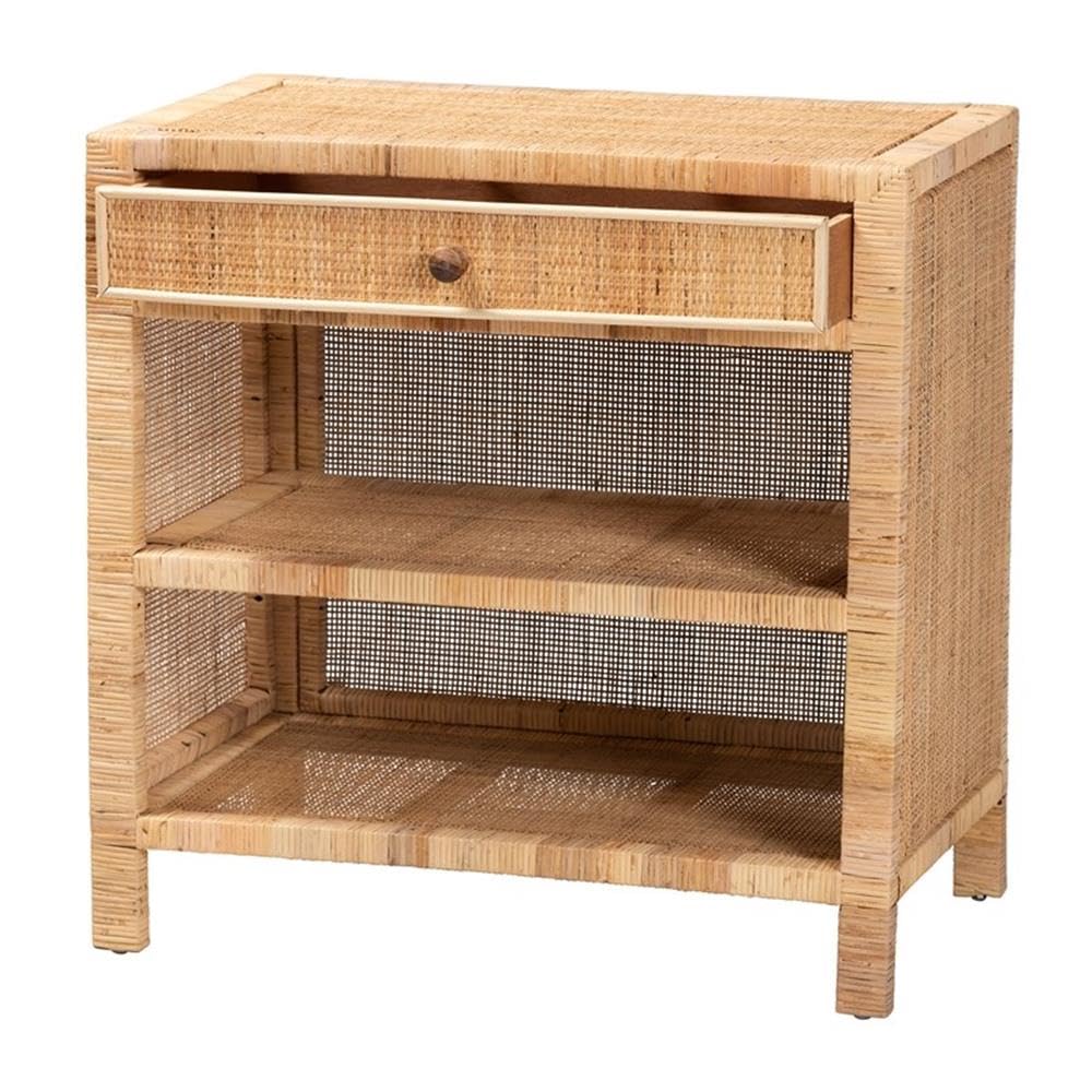 Baxton Studio Bella Modern Bohemian Natural Brown Mahogany Wood and Natural Rattan 1-Drawer Console Table Natural Brown/Mahogany Wood