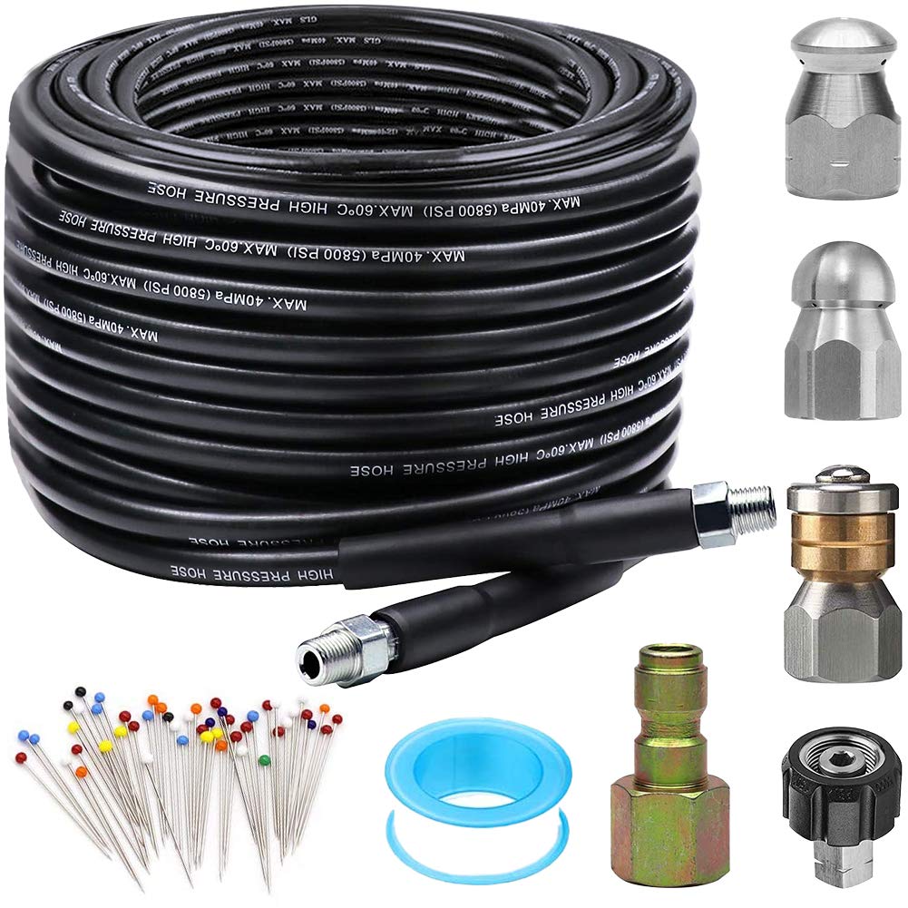 Zofine Sewer Jetter Kit For Pressure Washer 50Ft, Newest 5800Psi Drain Cleaner Hose 1/4 Inch Npt Corner, Rotating And Button Nos