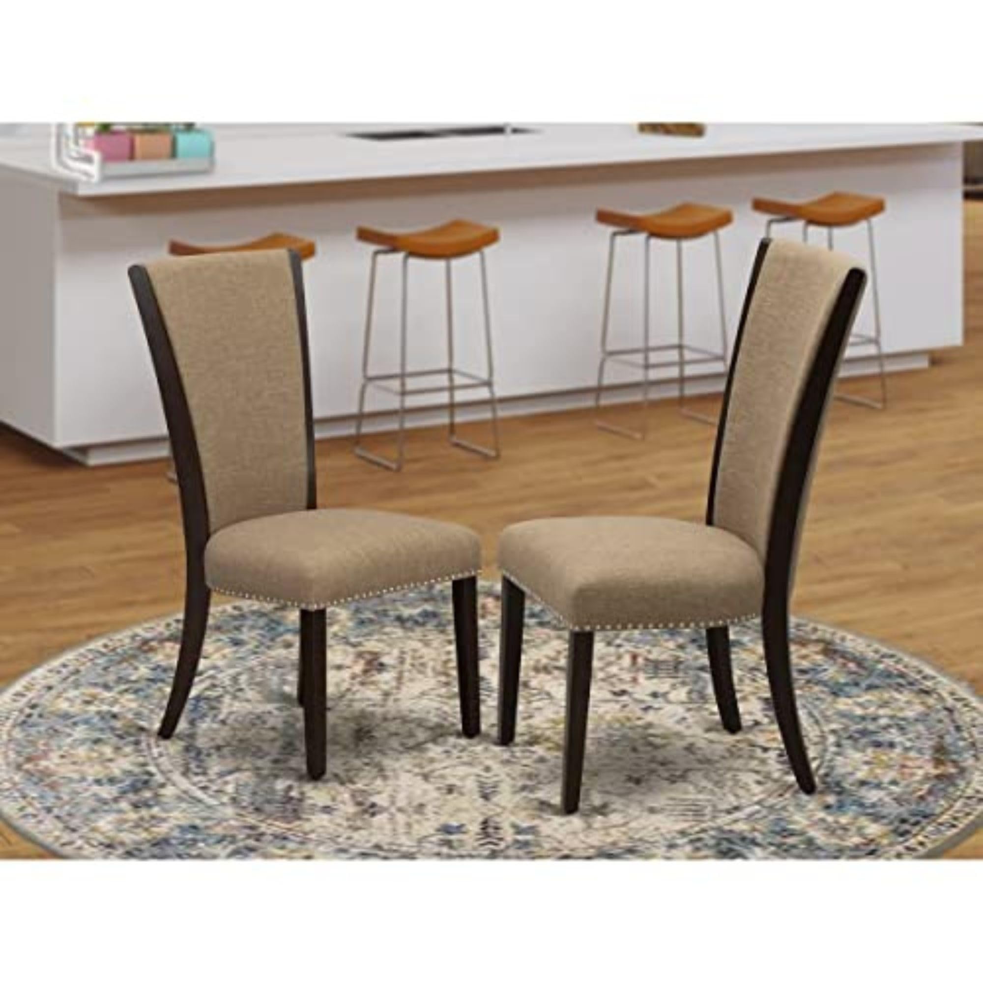 East West Furniture Vep3T47 Verona Modern Parson Chairs - Nailhead Trim Light Sable Linen Fabric Upholstered Dining Chairs, Set Of 2, Mahogany