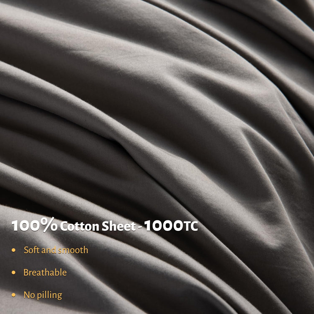 Shilucheng 100% Egyptian Cotton Sheets Set - 1000 Thread Count,Luxury Cotton Bed Sheets,Breathable & Cooling Bedding And Pillow Cases, 16 Inch Deep Pocket - 4 Piece (Grey, Full)