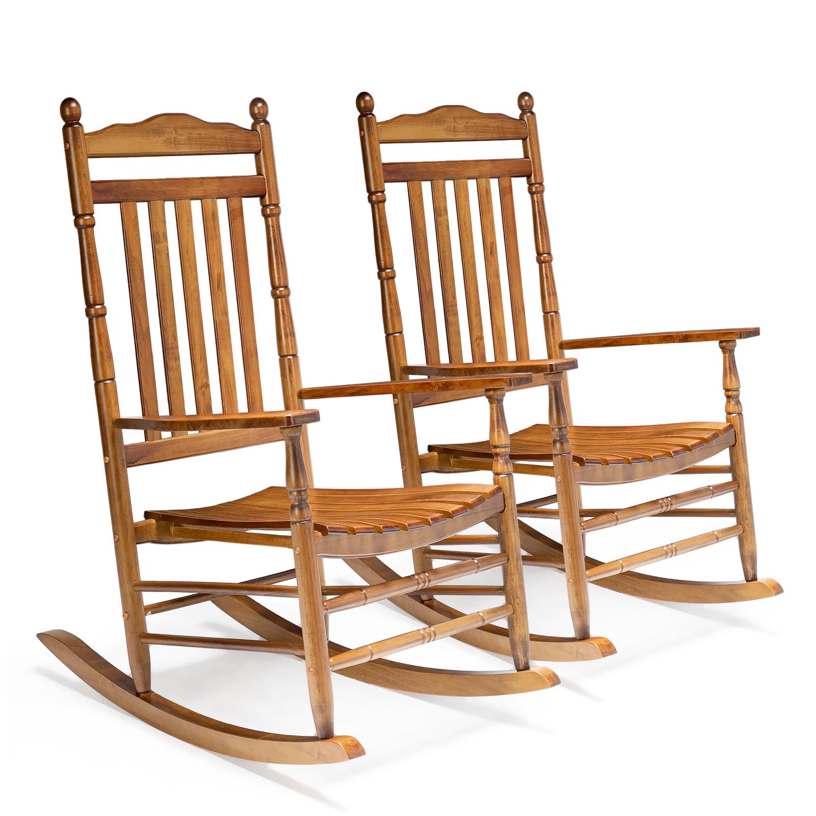 Vingli 2 Pcs Wood Rocking Chair Outdoor With 450 Lbs Support, Outdoor Rocking Chair Set Of 2, Solid Wood High Back Seat Reclining Seat For Deck, Garden, Backyard, Porch, Indoor Or Outdoor Use, Teak