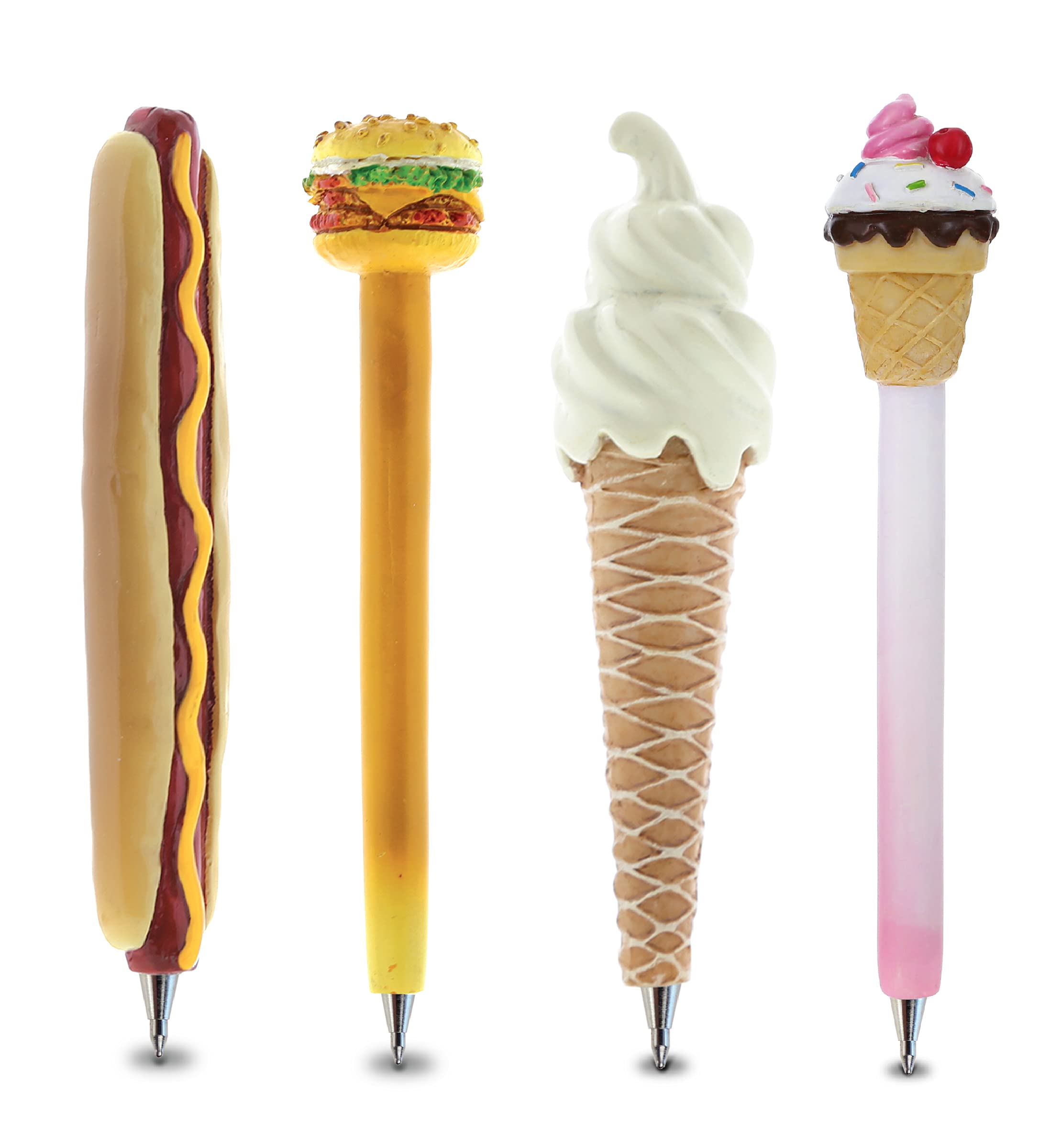 Planet Pens Classic Food Collection Novelty Pen Set Of 4 - Hotdog, Cheeseburger, Cone, Ice Cream Fun Office Supplies Ballpoint P