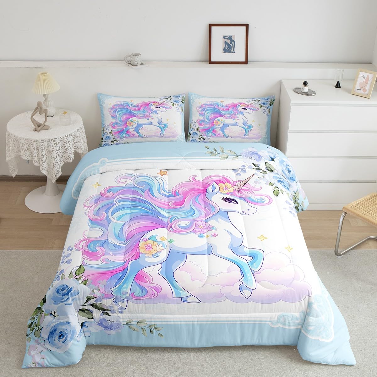 Fantastic Unicorn Twin Size Comforter Set,Watercolor Rainbow Blue Floral Duvet Set Soft Bed Collection,Romantic Flower Garden Be