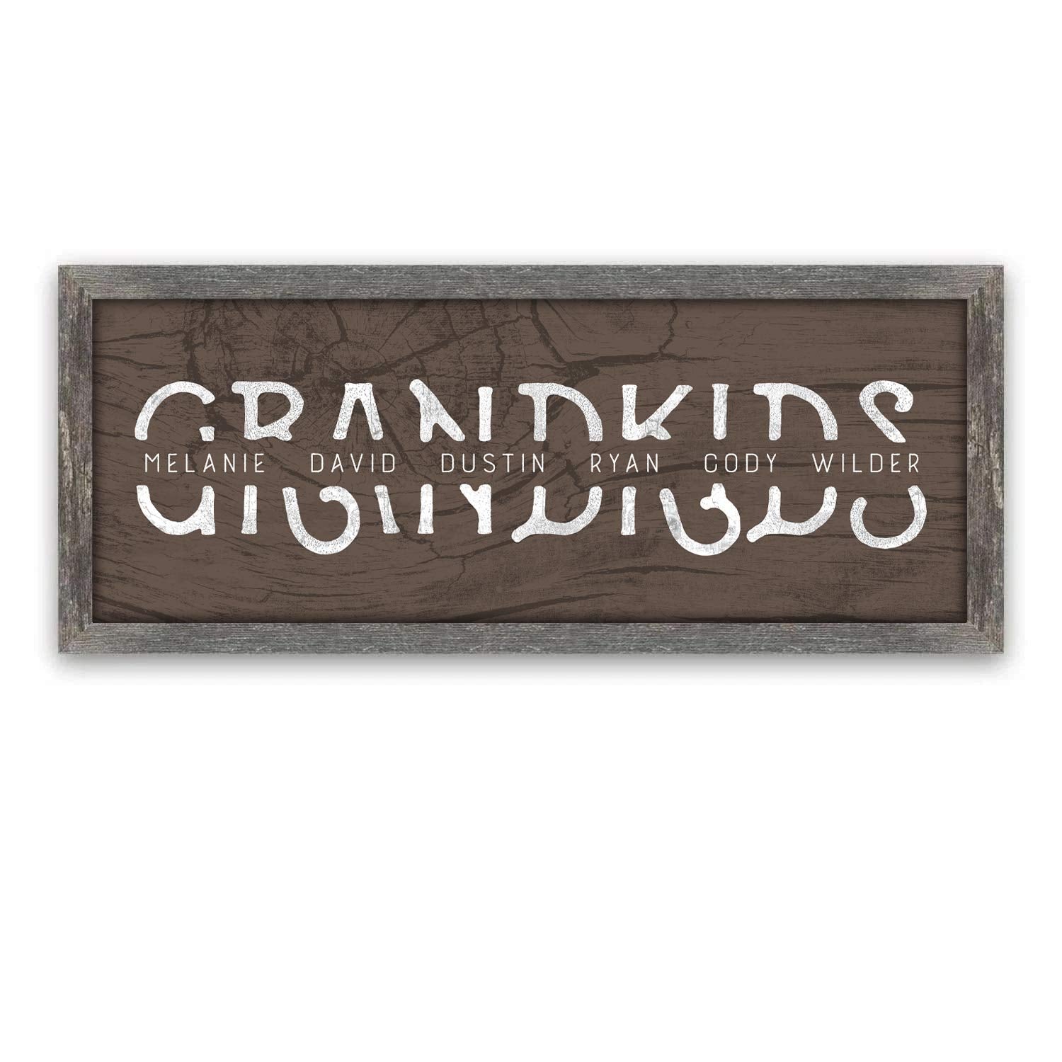 Grandkids - Personalized Art Gift for Grandparents (Rustic Woodgrain, 13.5x32.5 Framed Canvas)