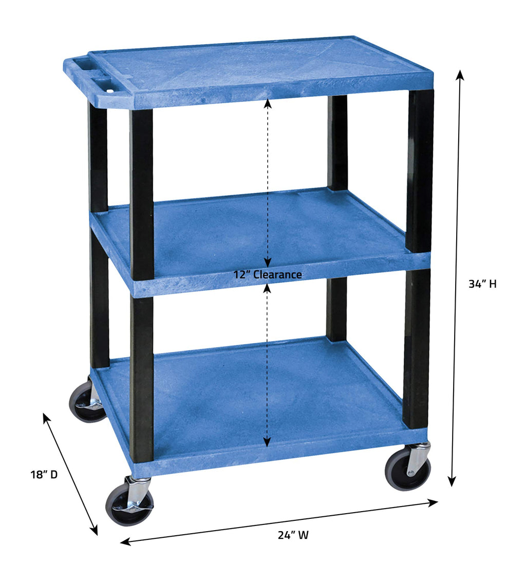 LUXOR WT34BUS Tuffy Utility Cart - Three Shelves, 4" Silent-Roll, Full-Swivel Heavy-Duty Casters, Two with Locking Brake, Multipurpose Storage for Video Projector, TV, Laptop, Printer Stand
