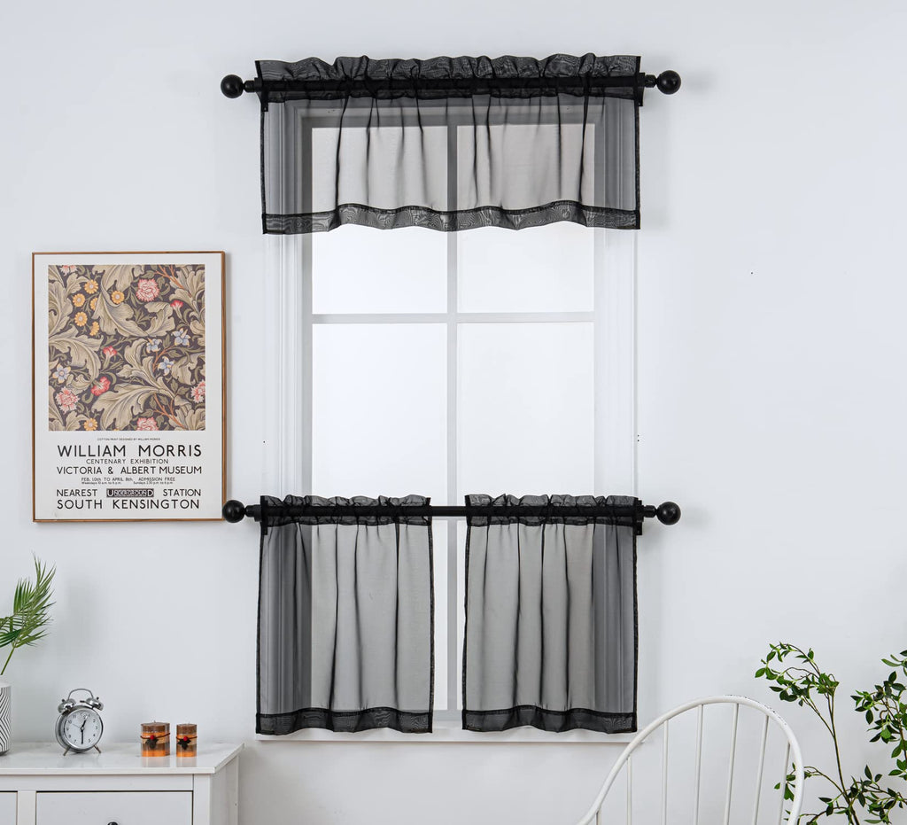 Pi Black Sheer Tier Curtains 24 Inch Length,Short Half Window Curtains For Kitchen/Bathroom Rod Pocket 2 Panels (Black,W25Xl24)