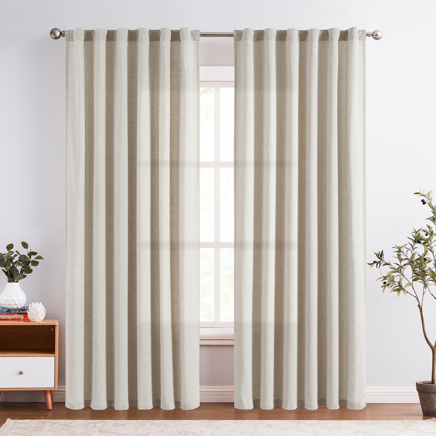 Jinchan Linen Blend Curtains 84 Inches Long For Living Room Oat Farmhouse Rod Pocket Back Tab Light Filtering Window Drapes For Bedroom Curtains 2 Panels