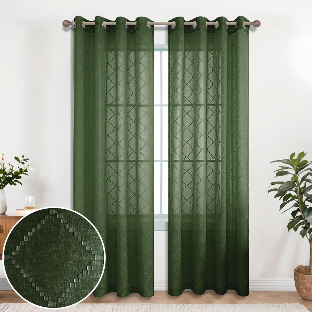 Olive Green 52X96 Inches Long Grommet Diamond Linen Look Sheer Curtains