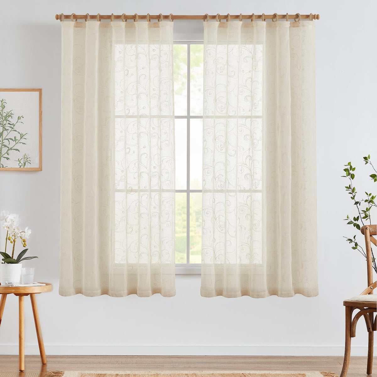 Jinchan Embroidered Linen Sheer Curtains 63 Inches Long For Living Room Embroidery Curtains 2 Panels Farmhouse Voile Curtains Ro