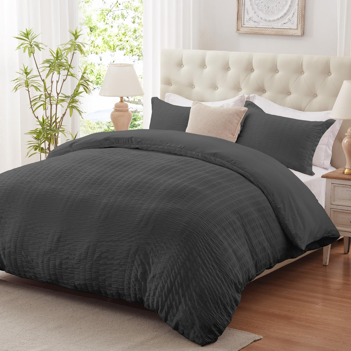 Cozyide Dark Grey Duvet Cover Full Size, 3 Pieces Bedding Duvet Covers, Breathable Seersucker Duvet Cover Set With Zipper Closur