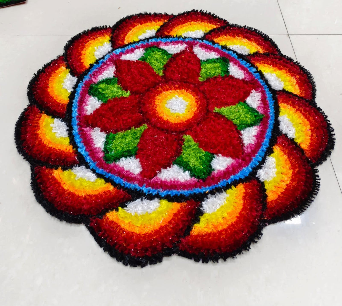 Suswa Art Woolen Handmade Flower Rangoli Floor Mat, Multicolor Floral Design,Traditional Indian Decor, Soft Fabric (1.5 ft by 1.