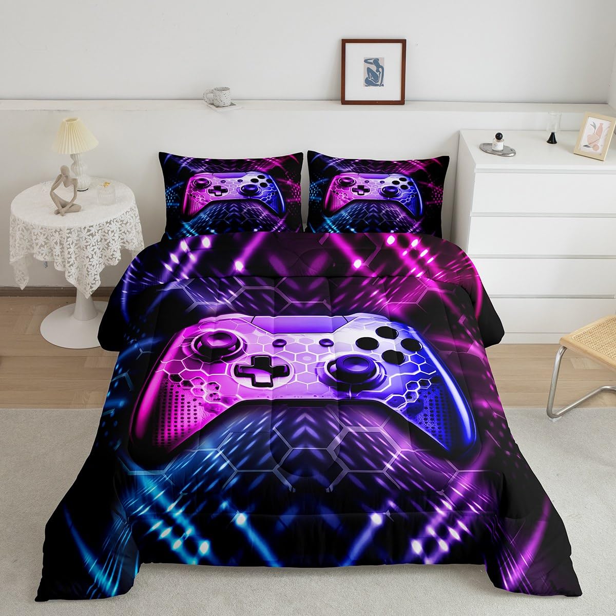 Gamer Comforter Set Full Size For Boys,3 Pcs Honeycomb Geometry Comforter Video Game Bedding -All Season Soft Microfiber Down Co
