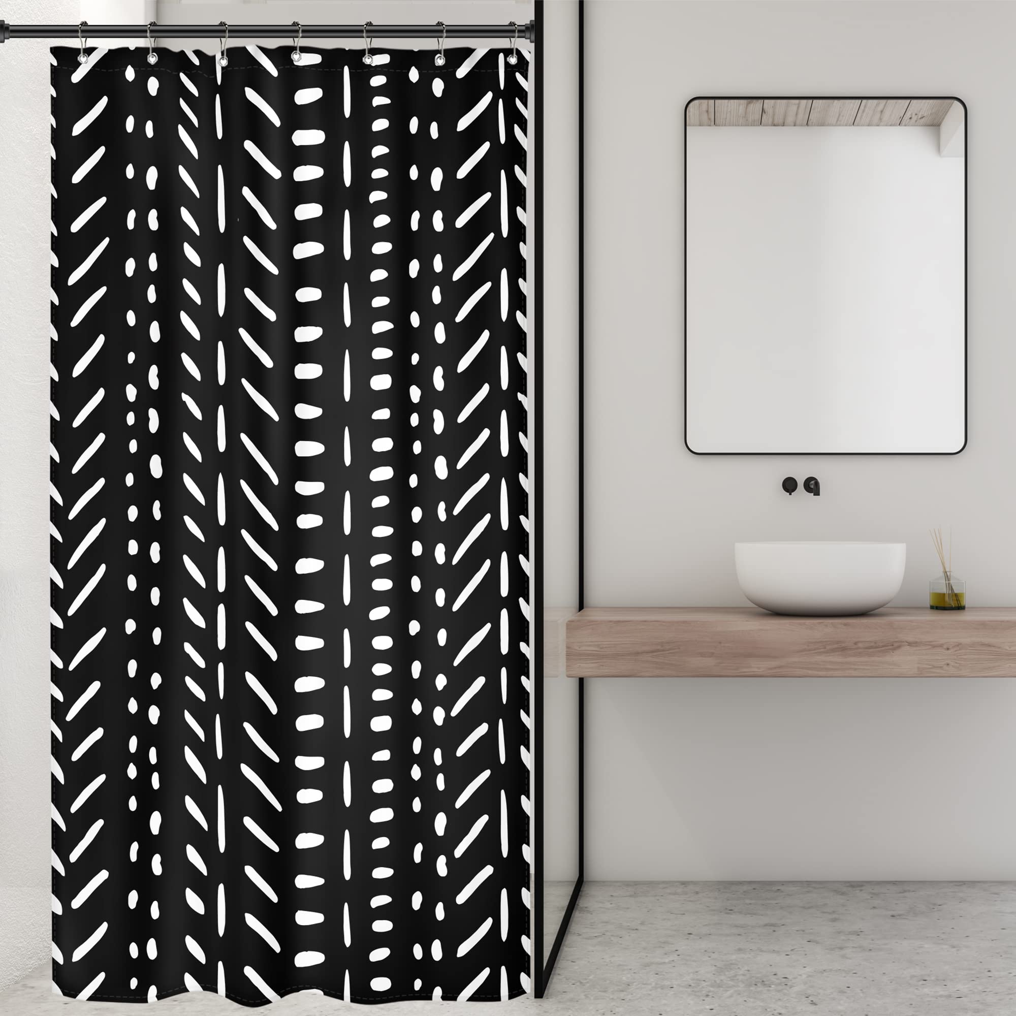 Riyidecor Boho Black Stall White Small Half Size Dorm Shower Curtain 36X72 Inch Chevron Geometric Herringbone Striped Single Nar