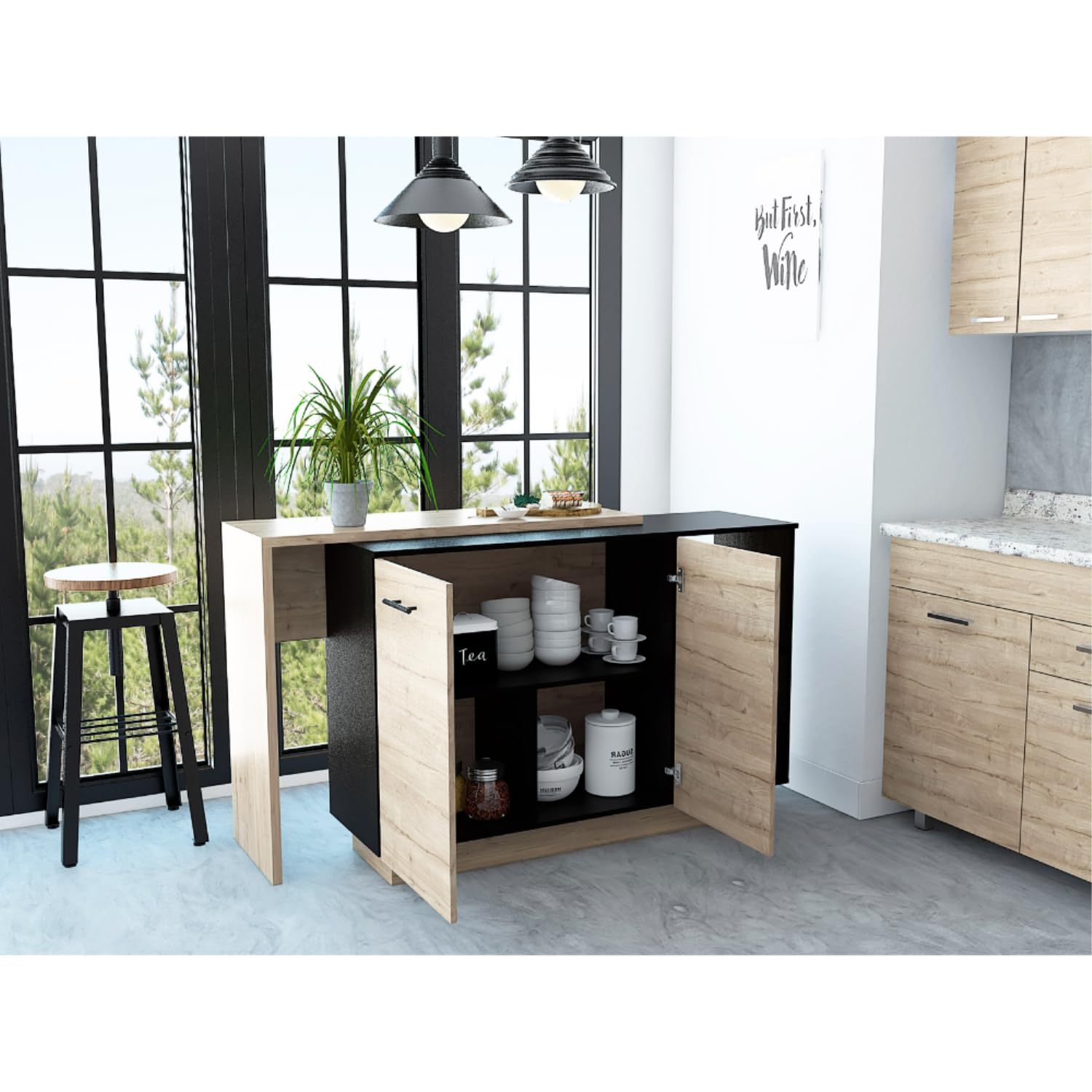 Depot E-Shop Creta Kitchen Island,Double Door Cabinets,Two External Shelves,Three Shelves,Black/Light Oak