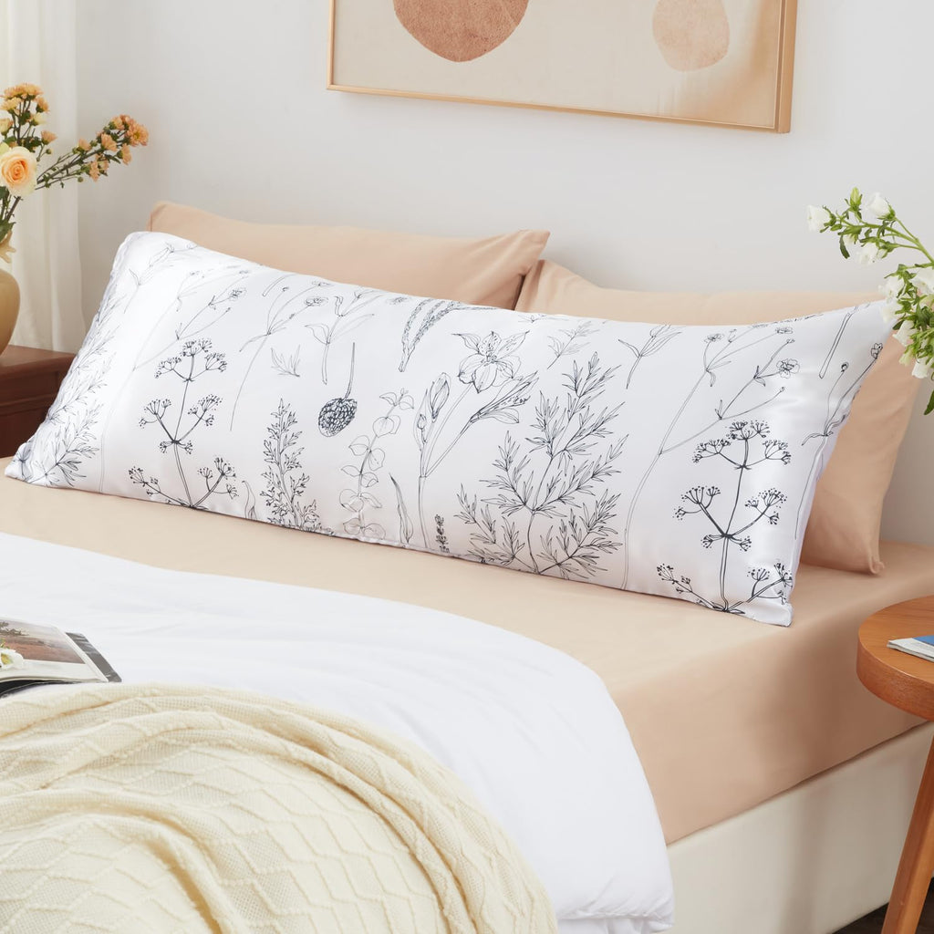 Exq Home Satin Body Pillow Pillowcase Super Soft Silk Pillowcase, Body Pillow Cover With Envelope Closure Flowers With White Bac