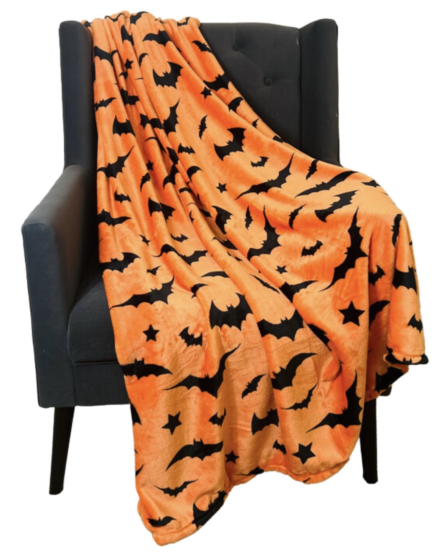 Halloween Throw Blanket: Soft Black Bats Silhouette on Orange Velvet Fleece for Sofa Bed Couch Chair Dorm
