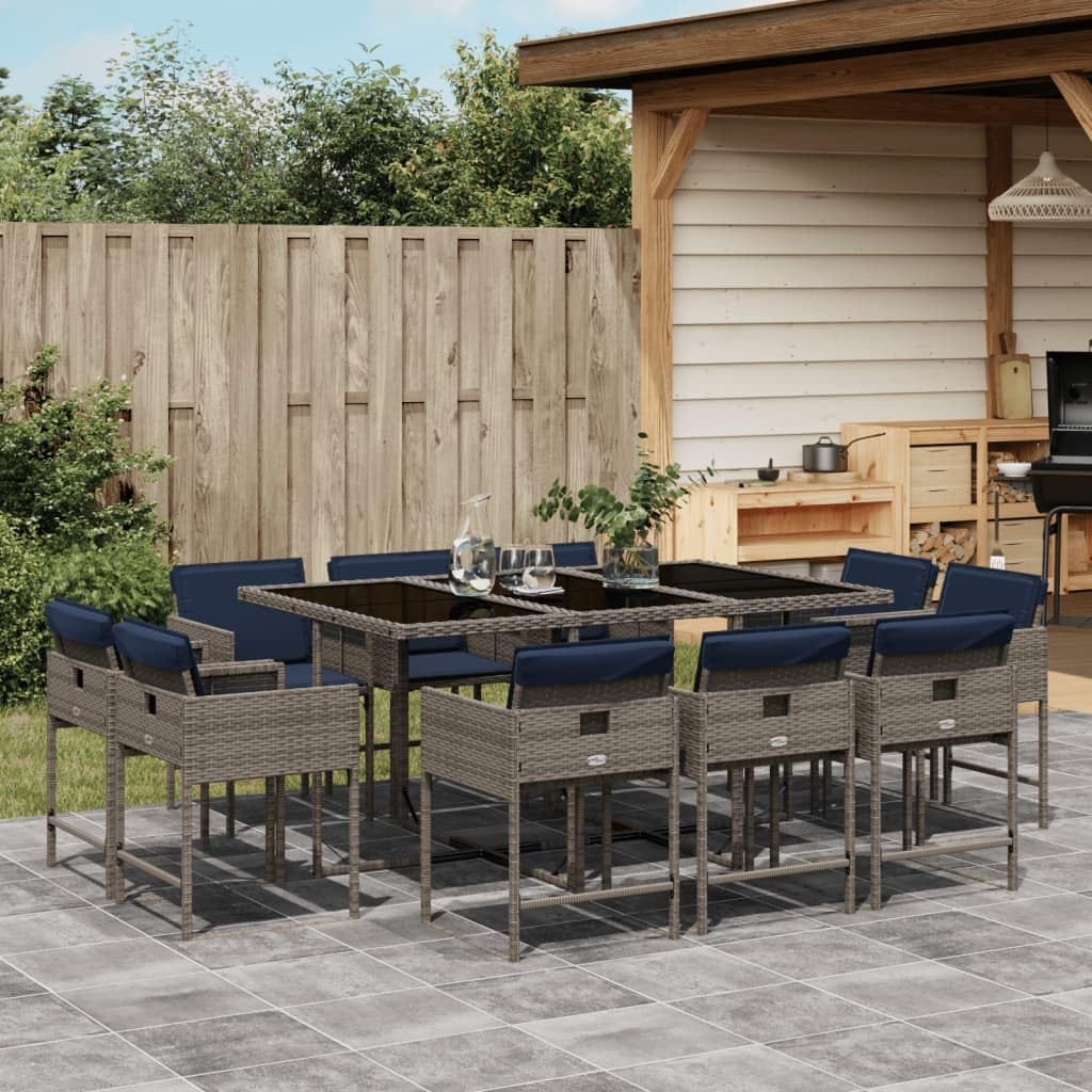 vidaXL - 11 Piece Patio Dining Set/Outdoor Furniture Set with Cushions - Gray Poly Rattan, Rectangular, Tempered Glass Tabletop, Cushioned Chairs, Garden/Balcony/Backyard.