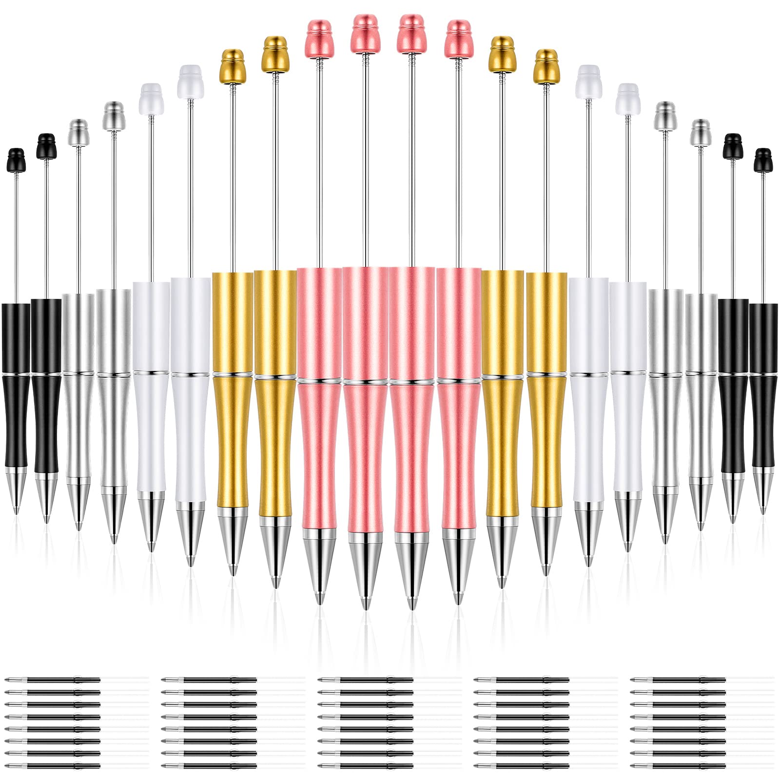 20 Pcs Beadable Pens,Plastic Bead Pen Bulk Colored,Black Ink Beaded Pens Extra Refills For Make Gifts For Children And Students,