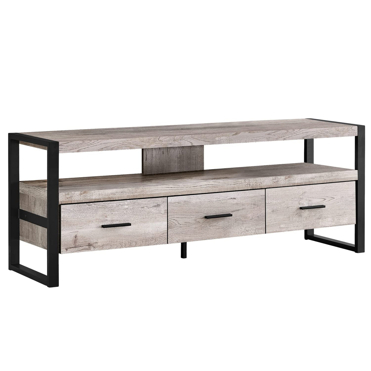 Monarch Specialties TV Stand-Console with 3 Drawers and Shelves-Industrial Modern Style Entertainment Center with Metal Legs, 60' L, Taupe Reclaimed Wood Look