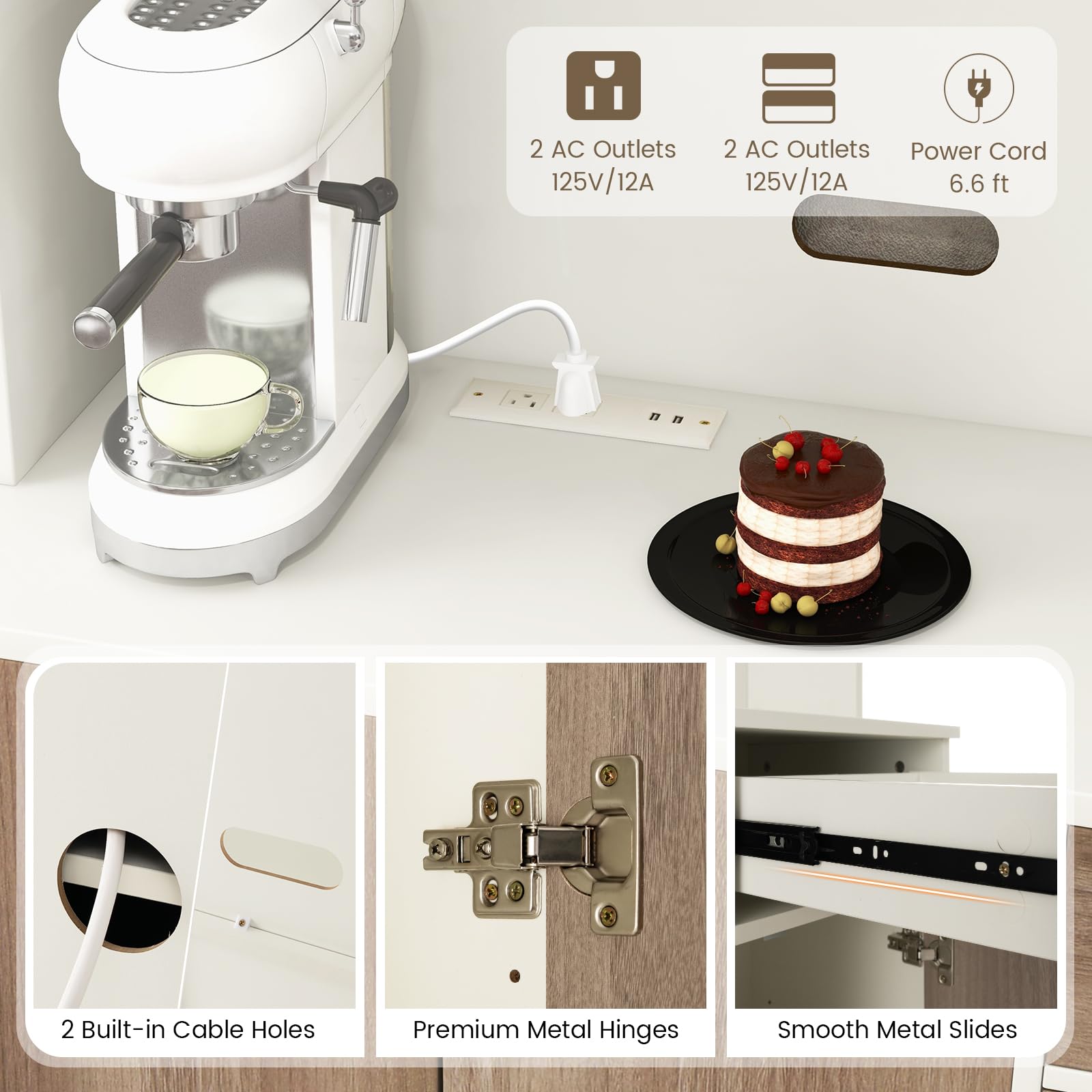 Costway Kitchen Pantry Storage Cabinet, 71' Freestanding Tall Hutch Cabinet With Charging Station, Microwave Stand, Adjustable Shelves, Modern Buffet Cabinet With Hutch For Dining Room, Kitchen, White