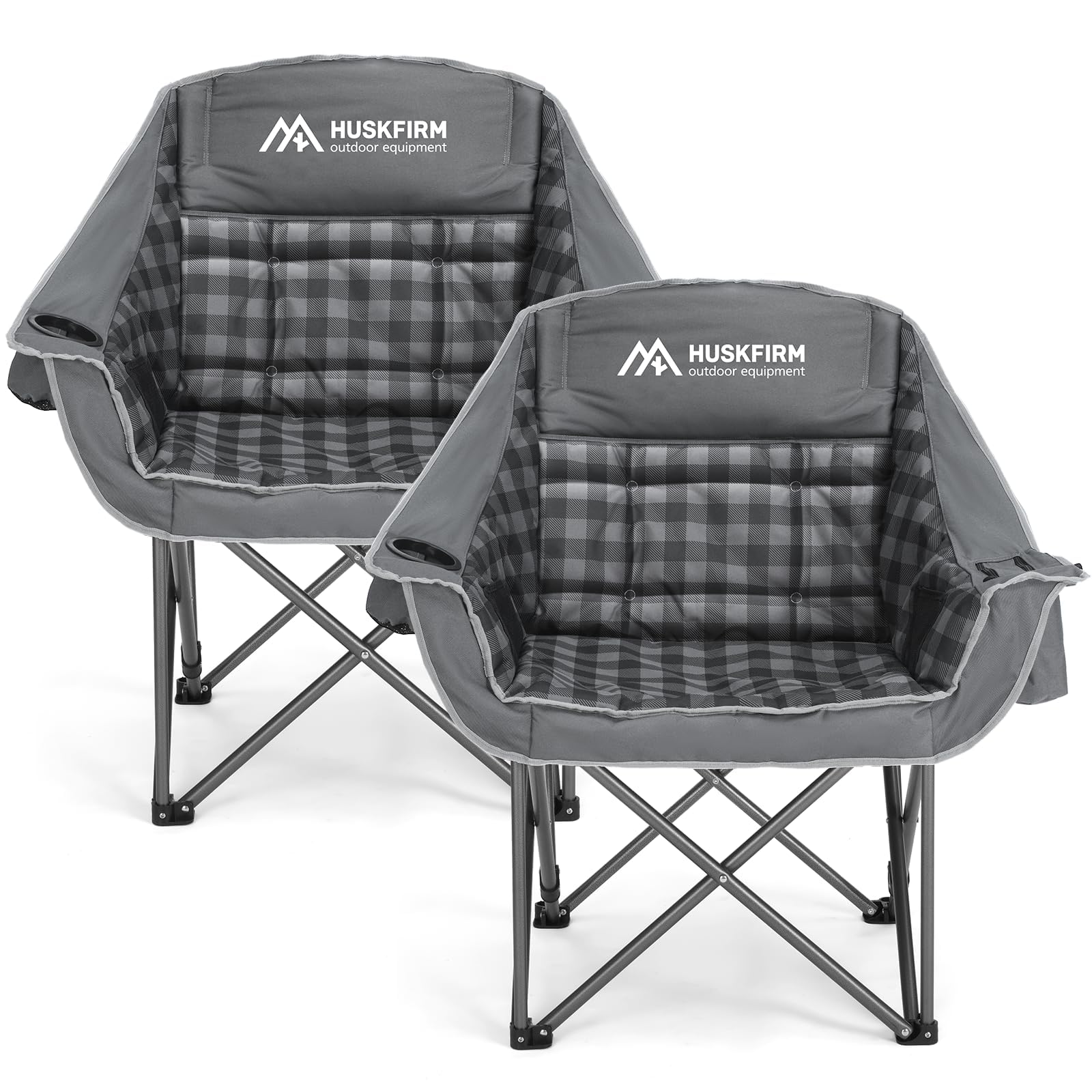 Huskfirm 2 Pack Camping Chairs Oversized Padded Camping Chair Heavy-Duty Foldable Camping Chairs with Cup Holder and Cooler Bag 