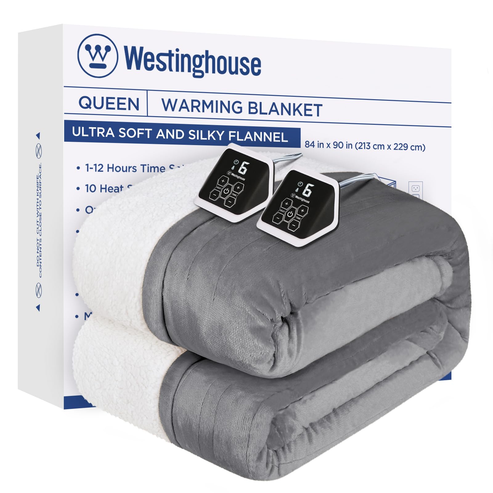 Westinghouse Heated Blanket Queen Size, Soft Flannel To Sherpa Electric Blanket With 10 Heating Levels, 12 Hours Auto Off, Fast