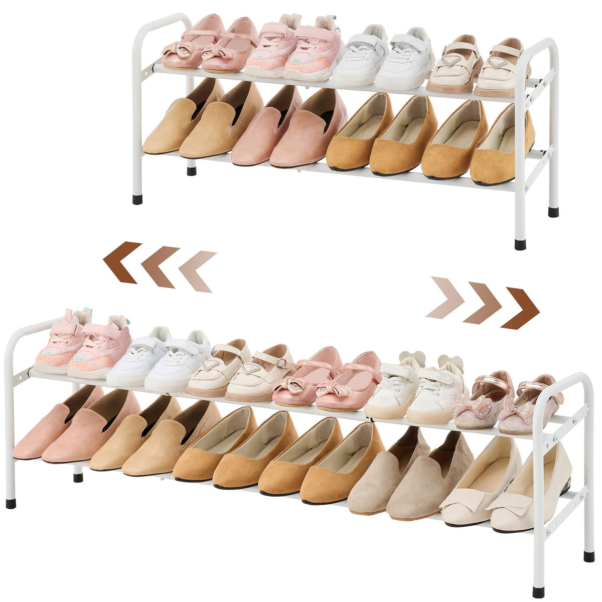 Gewudraw 2-Tier Shoe Rack Expandable, Width Adjustable Shoe Shelf Storage Organizer, 41.53'' Metal Standing Shoe Rack For Bedroom Entryway Closet, Holds Up To 12 Pairs Shoes, White