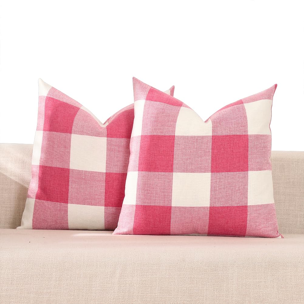 Carrie Home Pink Accent Pillows Decorative Throw Pillow Covers 20X20 Set Of 2 Pink Gingham Farmhouse Pillow Covers 20 X 20, Boho