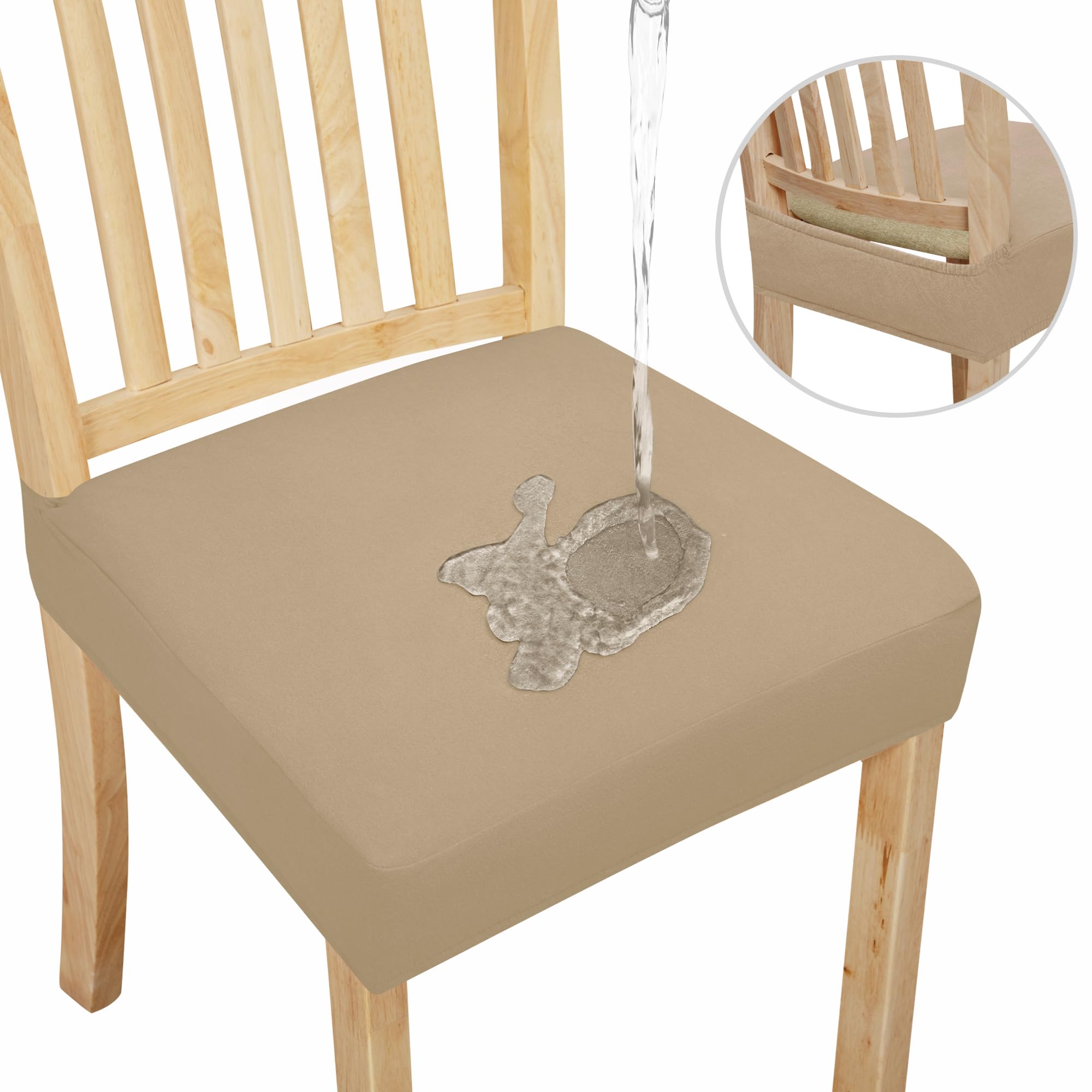 Easy-Going 100% Waterproof Seat Covers For Dining Room Chairs Set Of 4, Stretch Chair Seat Slipcovers Protector Removable And Washable Kitchen Dining Chair Covers, Khaki