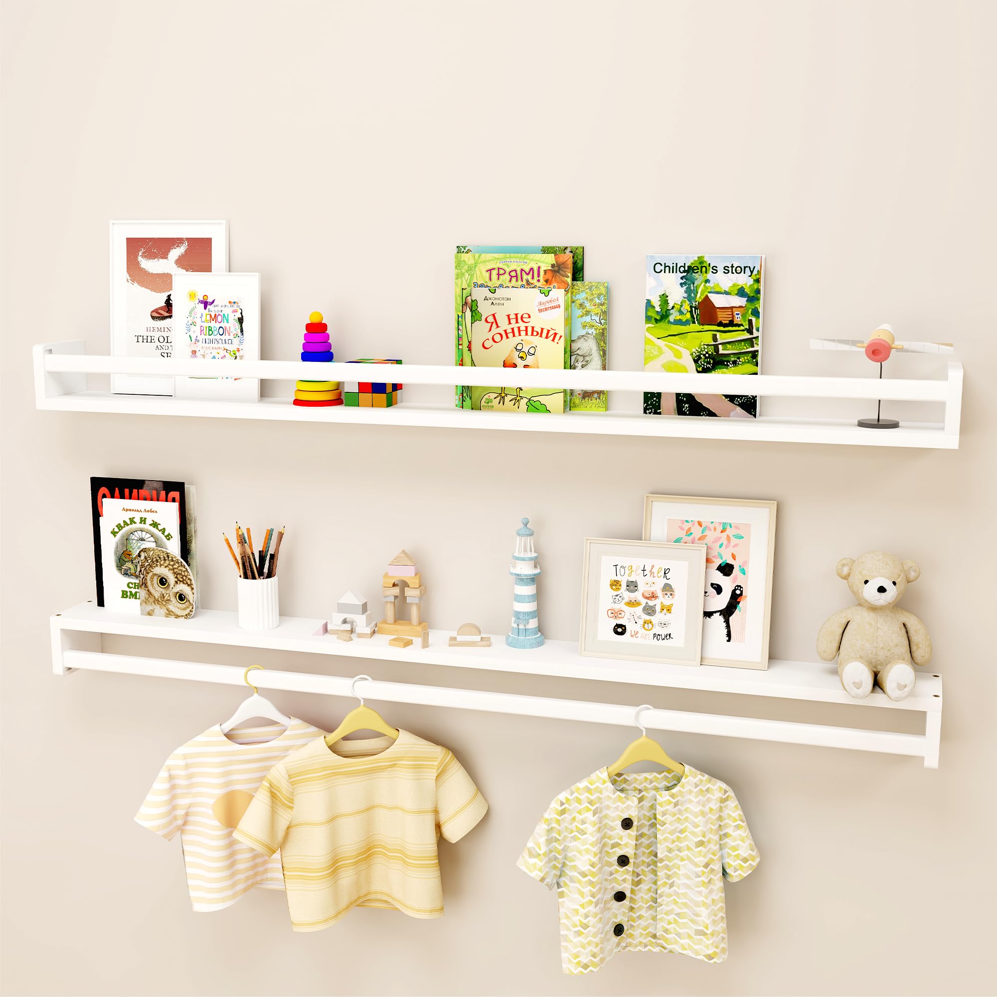 Fun Memories Nursery Book Shelves - Rustic Natural Solid Wood Floating Bookshelf for Kids - Wall Book Shelves for Kids Room (Whi