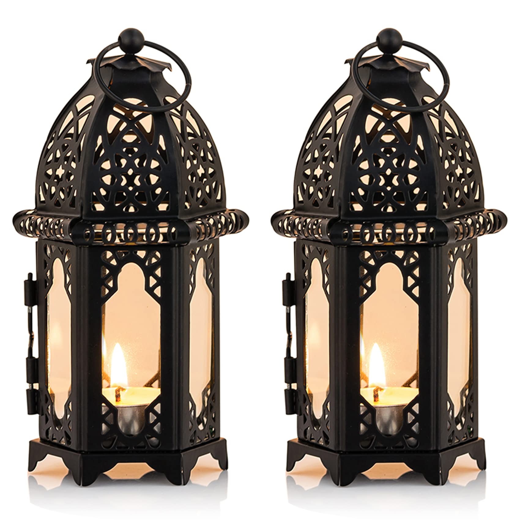 NUPTIO Moroccan Style Candle Lantern, Small Sized Tealight Candle Holder with Transparent Glass Panels Great for Patio, Indoors/