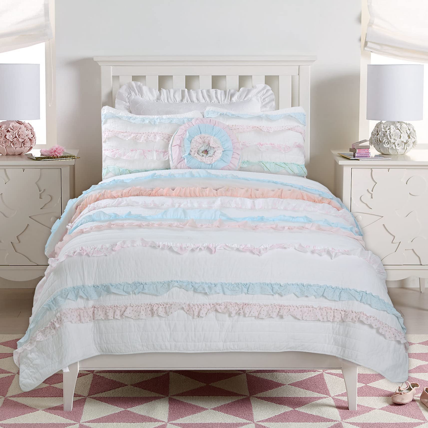 Cozy Line Home Fashions Light Pink Blue Coral White Ruffle 100% Cotton Reversible Girl Quilt Bedding Set, Reversible Coverlet Be