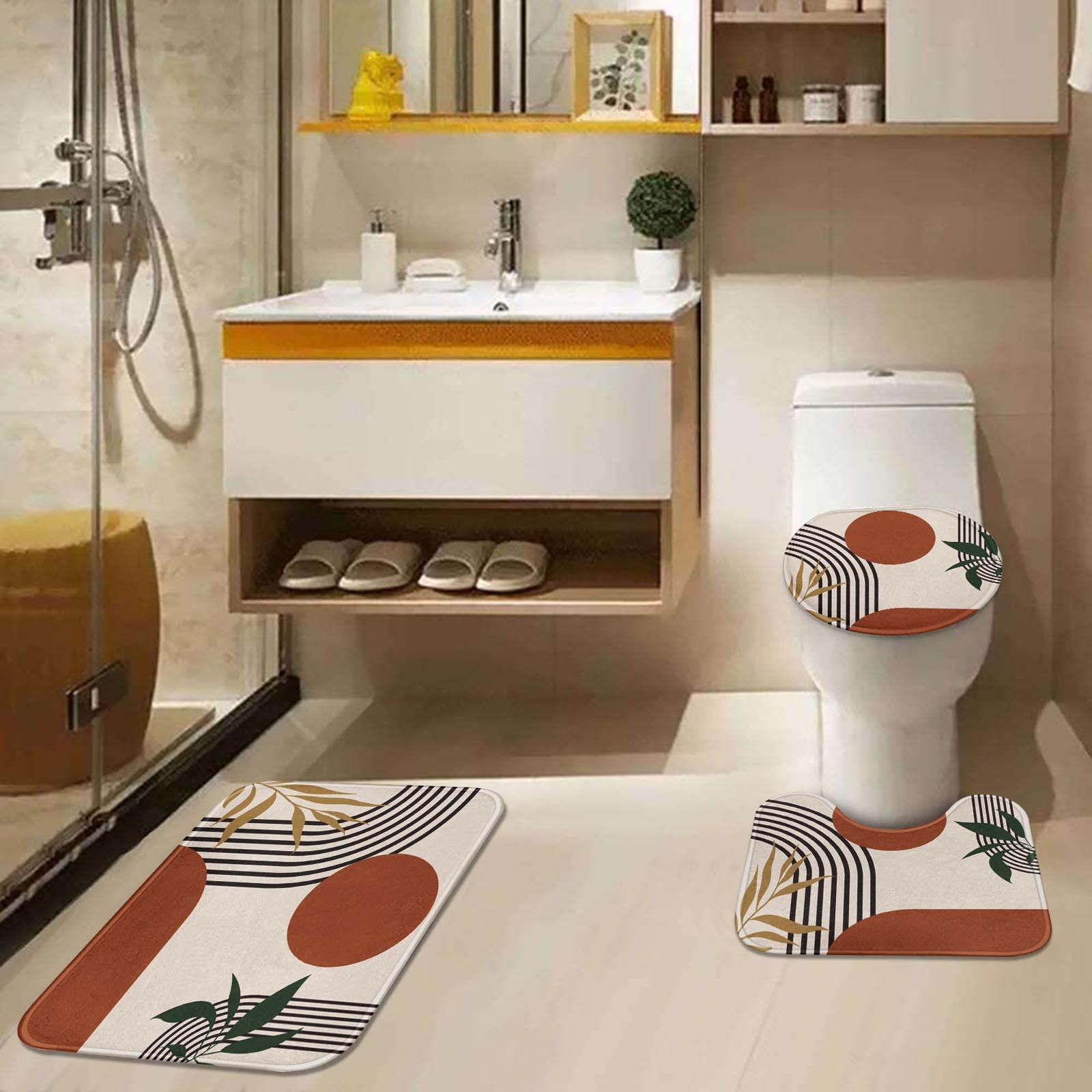 Tayney Boho Vintage Mid Century Shower Curtain Set, 4 Pcs 72x72, Abstract Geometric with Toilet Lid Cover & Non-Slip Rugs, 12 Hooks