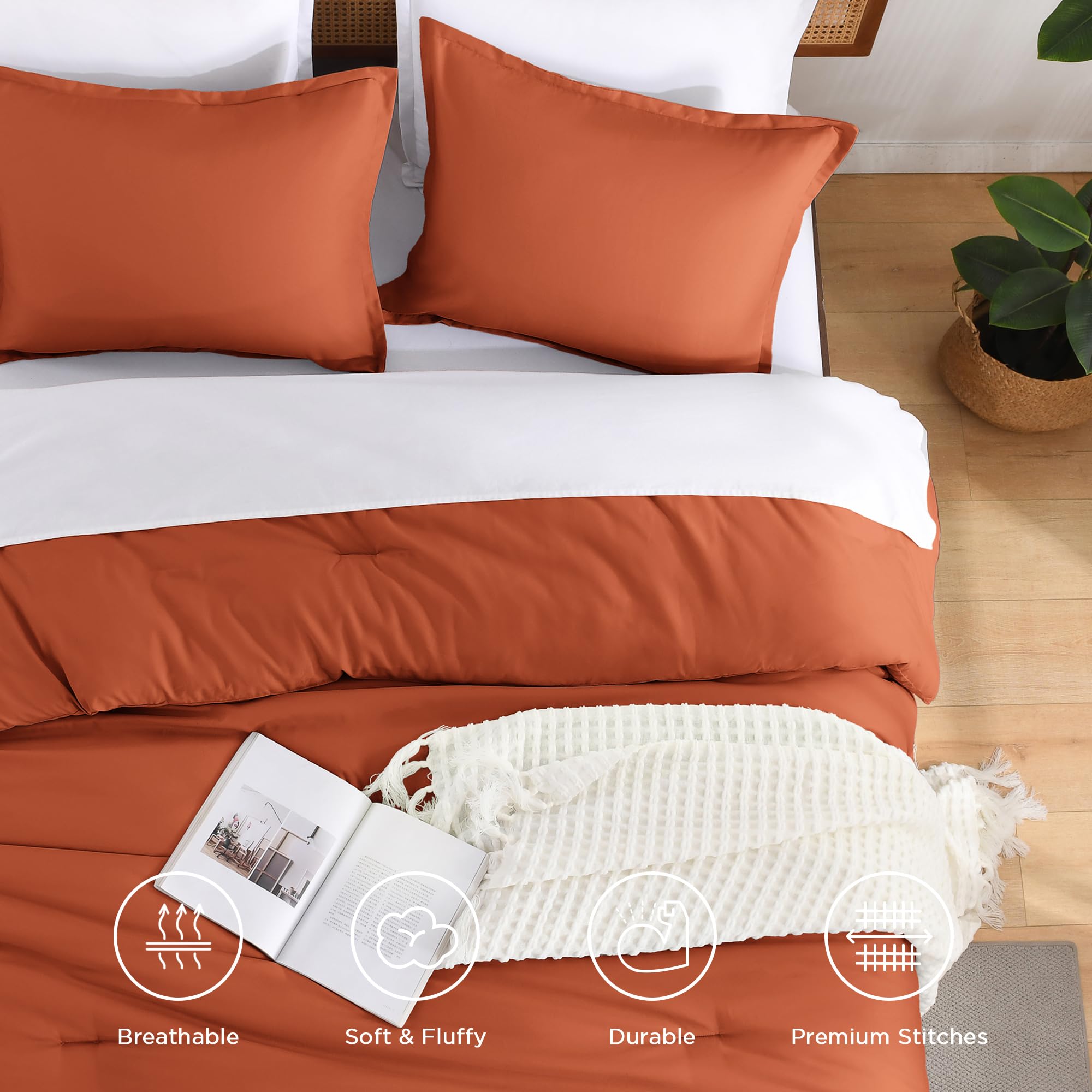 Andency Queen Comforter Set Burnt Orange, 3 Pieces Terracotta Solid Fluffy Lightweight Bedding Sets, Boho Soft Microfiber All Season Bed Set (90X90 Comforter With 2 Pillowcases)