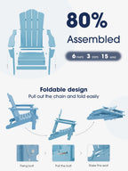 Kingyes Folding Adirondack Chair Set Of 6, Hdpe All-Weather Folding Adirondack Chair, Light Blue