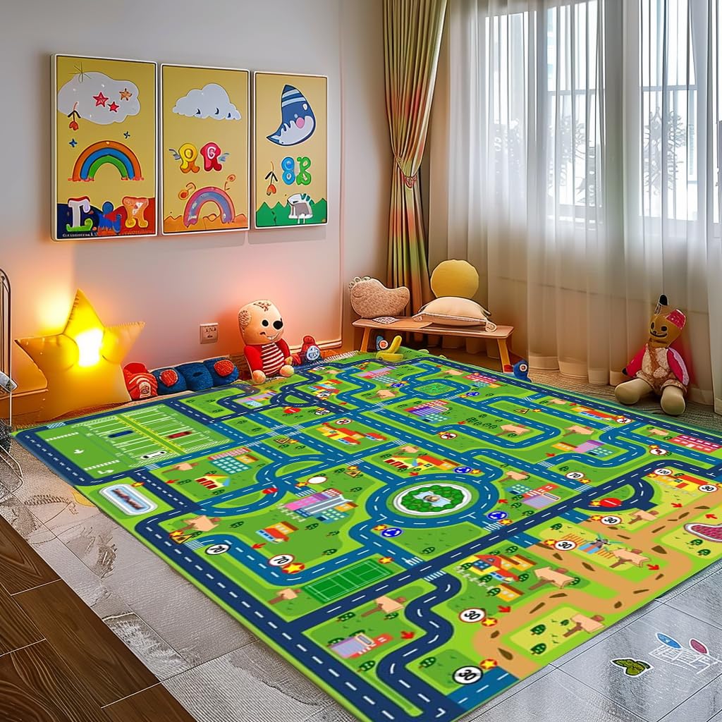Car Rug Play Mat,Road Rug Kid Play Mat,Playroom Toy Car Mat, Kids Carpet City Map For Bedroom Classroom,Extra Large Thick (78.7X