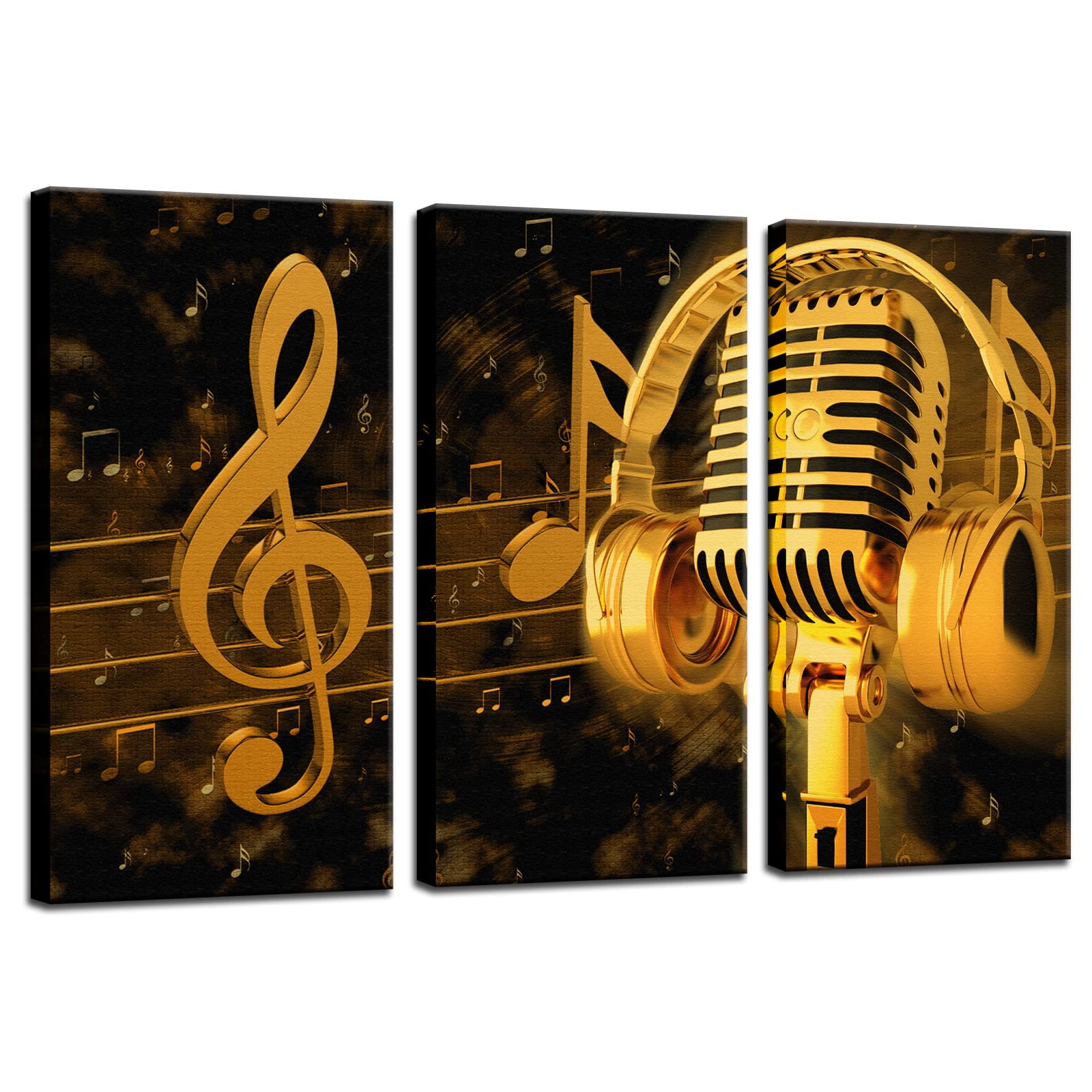 Biuteawal - Music Artistic Paintings Wall Art Gold Metal Microphone and Headset Note Picture Canvas Giclee Print Modern Home Stu