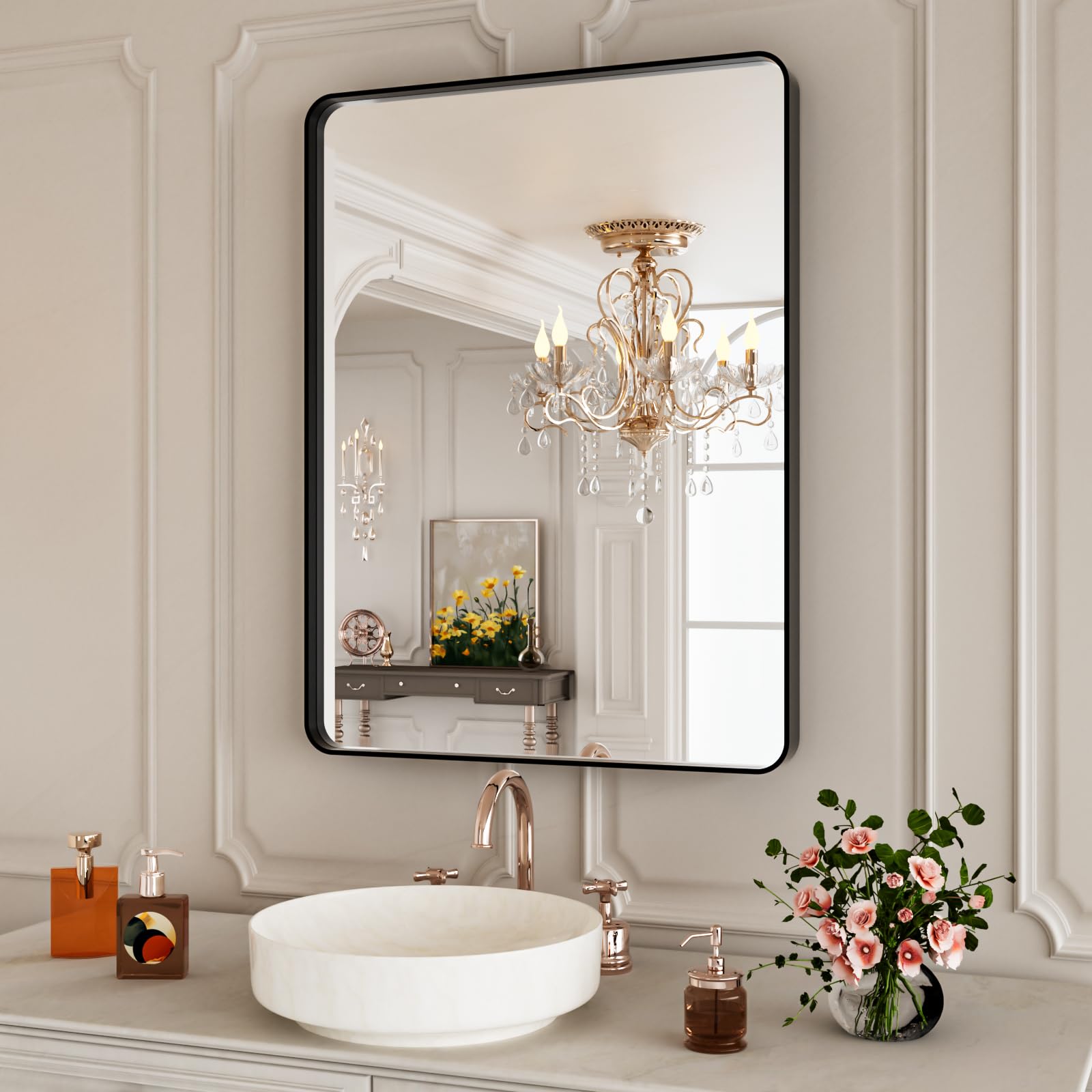ISTRIPMF Black Bathroom Vanity Mirror 28x36 Inch,Rounded Rectangle Matte Black Mirror for Bathroom Wall,Tempered Glass,Horizonta