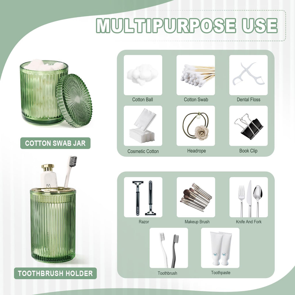 Green Glass Bathroom Accessories 4 Pcs, Green Bathroom Set, Green Soap Dispenser And Toothbrush Holder Set, Qtip Holder Set, Vin