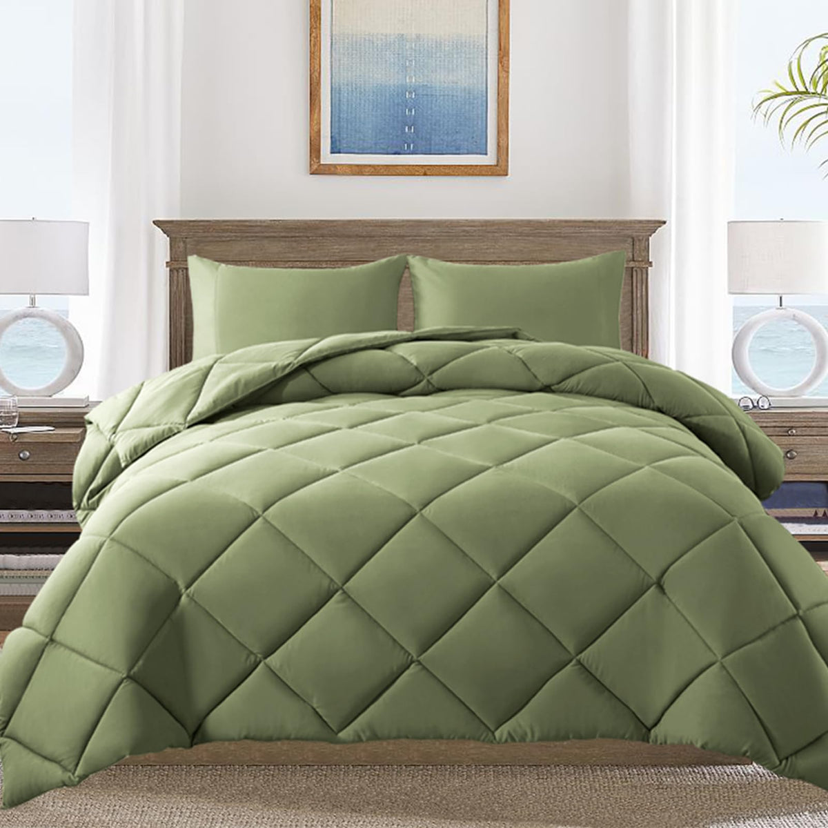 Elnido Queen Queen Size Comforter Set - Sage Green All Seasons Bedding Comforters & Sets With 2 Pillow Cases - 3 Pieces Soft Qui