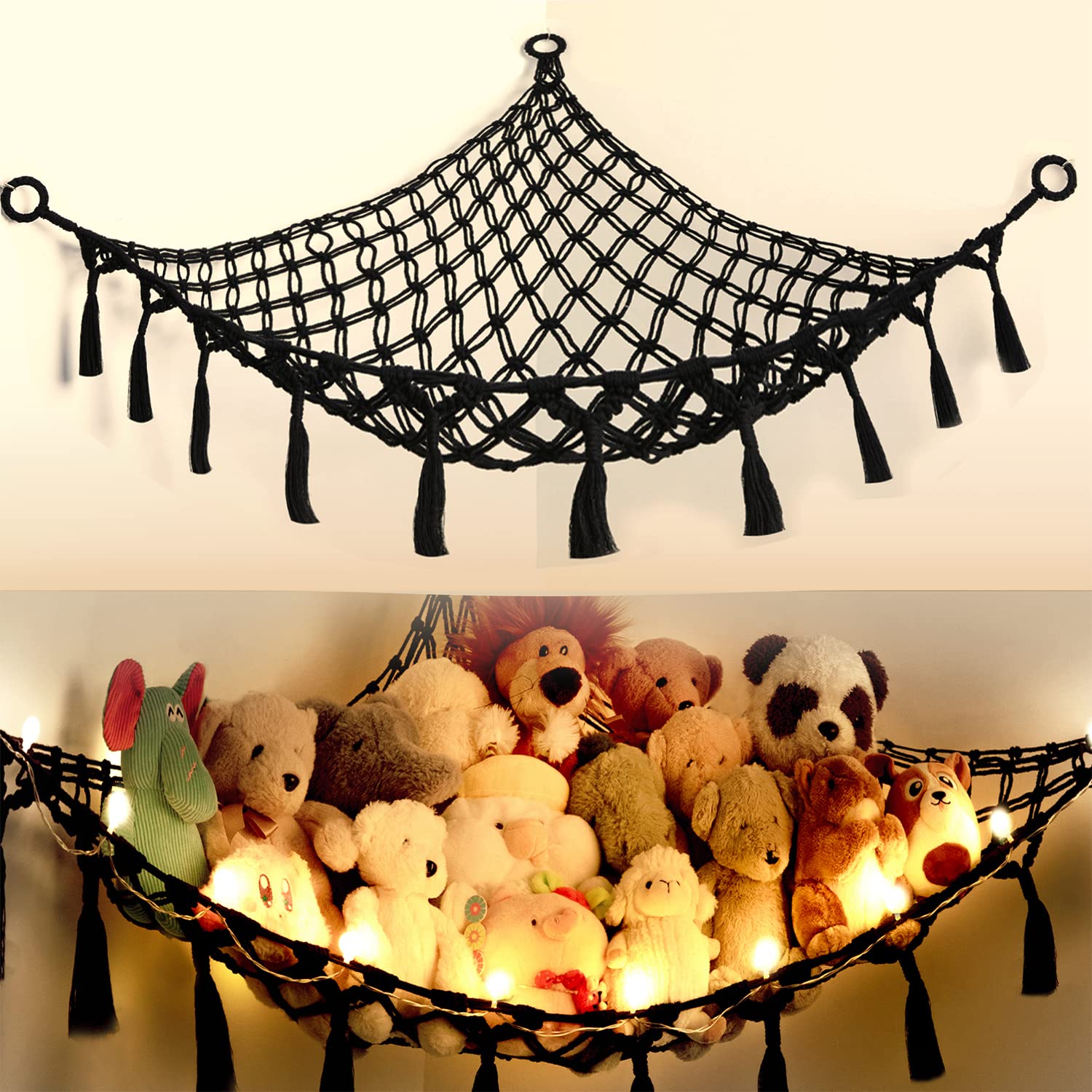 Yewiwin Cotton Stuffed Animal Organizer, Handmade Macrame Hanging Net Hammock for Toy Storage, Boho Decor Room Holder, Triangula