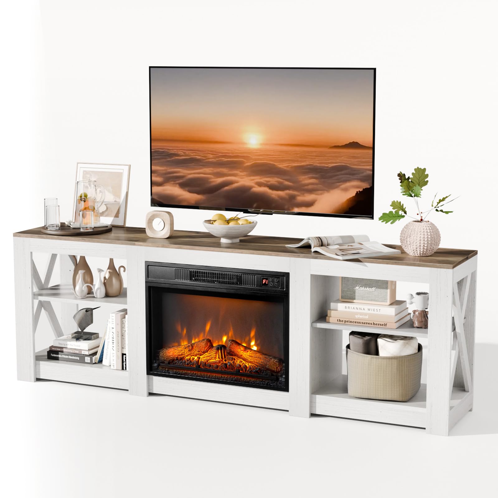 VINGLI Fireplace TV Stand for up to 80 inch TVs, 70'' Farmhouse Entertainment Center with Electric Fireplace Heater & Adjustable
