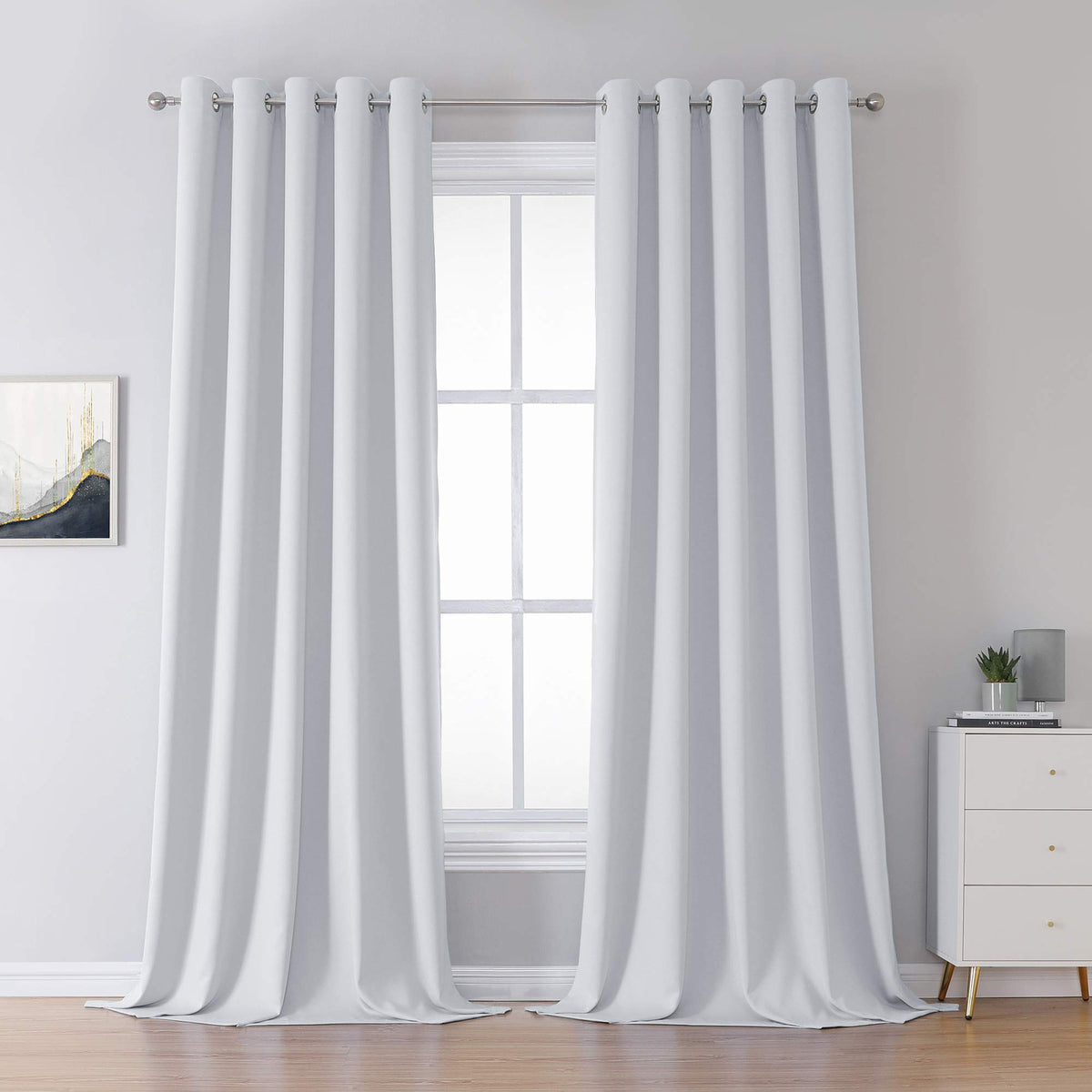 Dualife Greyish White Curtains 120 Inch Length Grommet Top Blackout Curtain Panels For Bedroom Window Treatment Room Darkening W