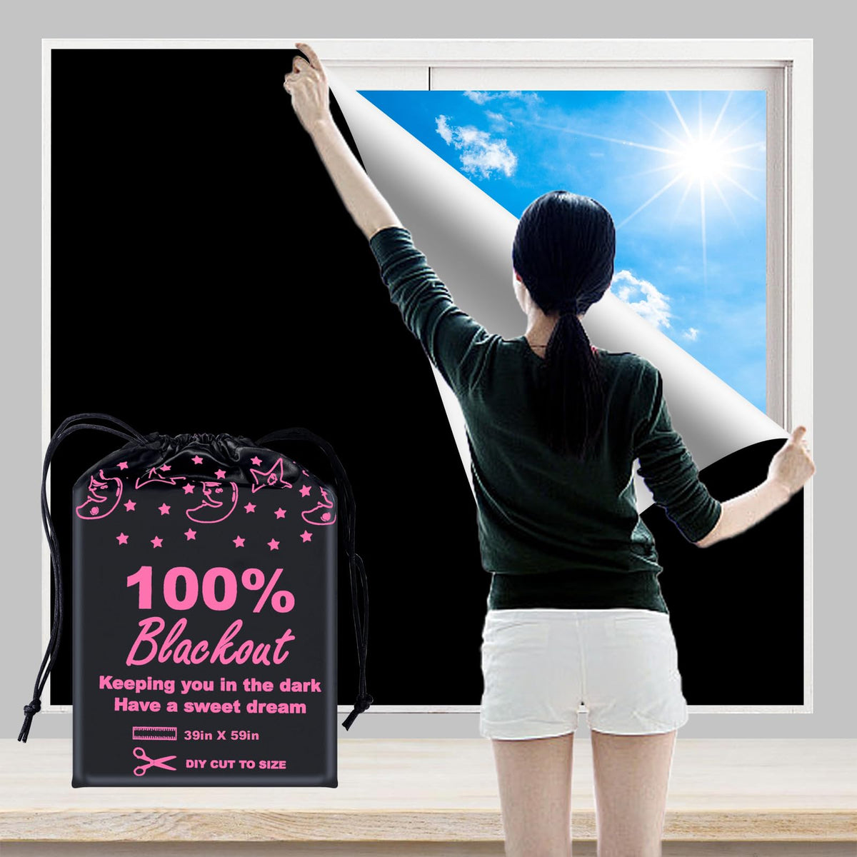 BoxElfos 100% Blackout Blind Curtains Window Cove (39''x 59'')[DIY Cut to Any Size or Shape] [Hook & Loop Tabs][ Portable Bags f