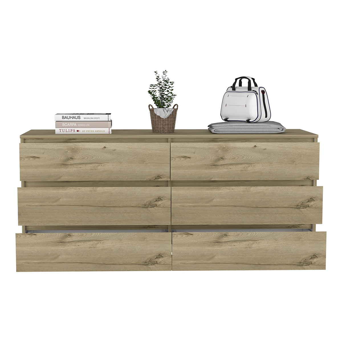 Cocora 6 Drawer Double Dresser -with Six Drawer, Countertop, Base-Light Oak/White