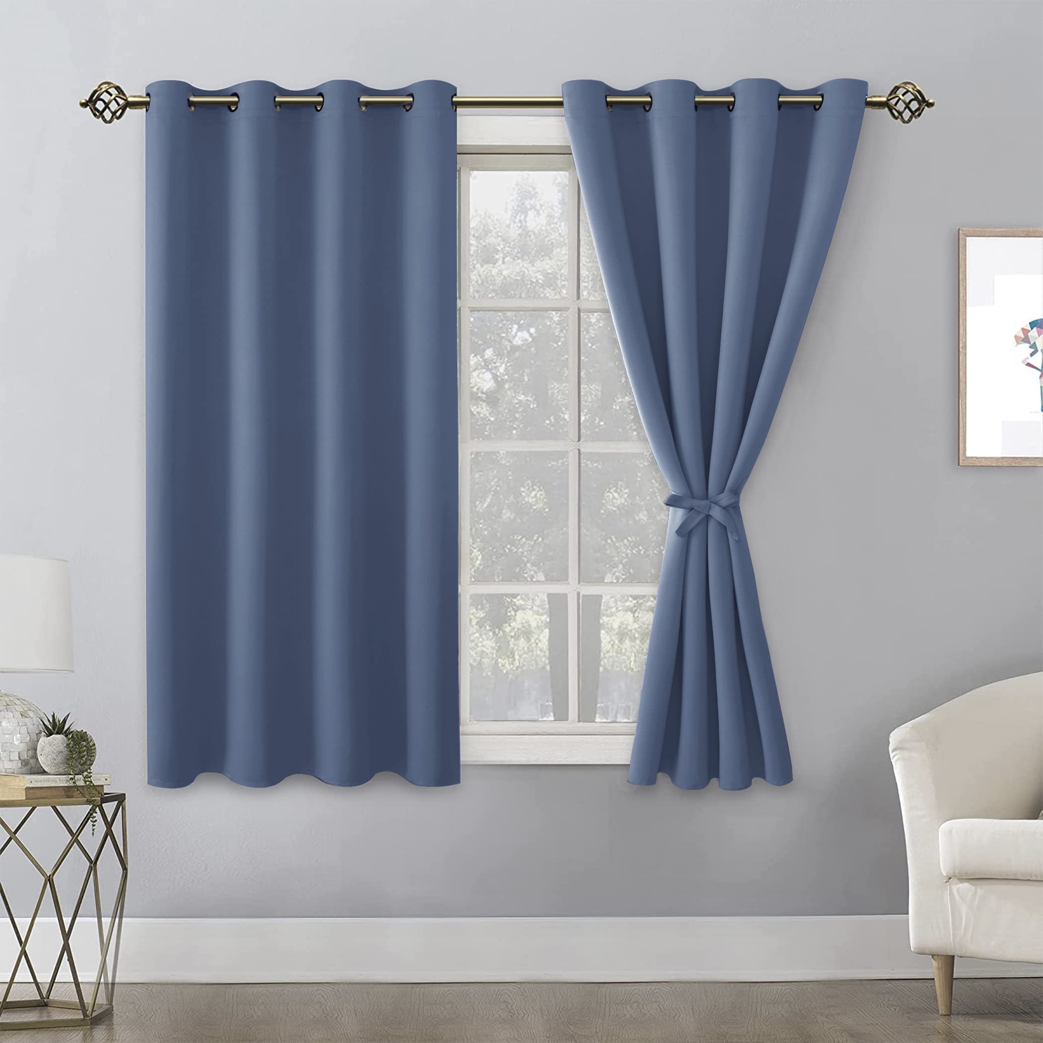 Hiasan Blackout Curtains For Bedroom - Thermal Insulated & Energy Saving Window Curtains For Living Room/Kids Room, 2 Drape Panels Sewn With Tiebacks, Blue Haze, 52 X 54 Inch