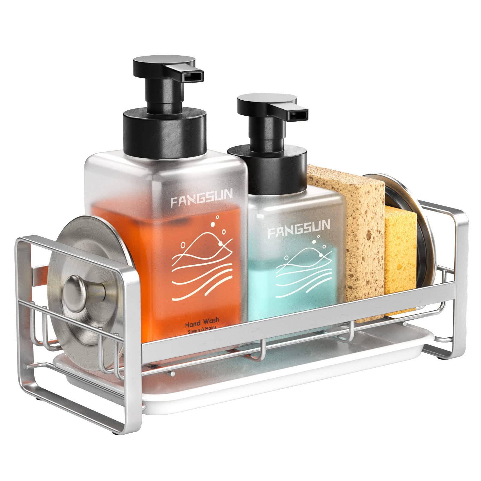 FANGSUN Large Sponge Holder for Kitchen Sink, 304 Stainless Steel Sink Caddy Organizer with Removable Drip Tray, Kitchen Counter
