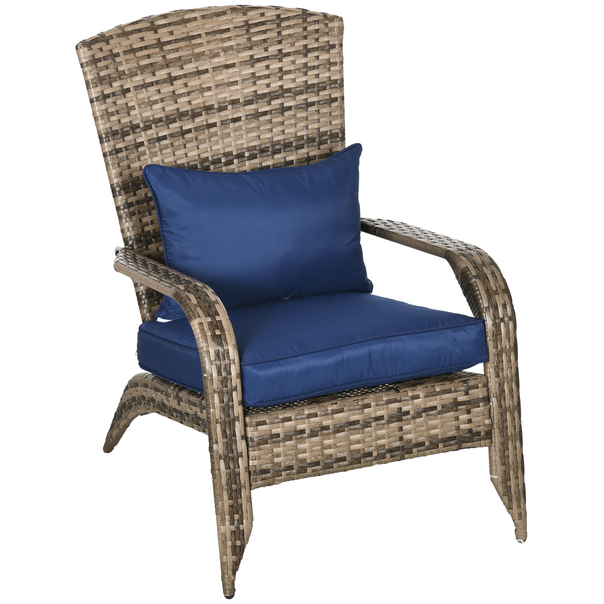 Outsunny Patio Wicker Adirondack Chair, Outdoor All-Weather Rattan Fire Pit Chair W/Soft Cushions, Tall Curved Backrest And Comfortable Armrests For Deck Or Garden, Dark Blue