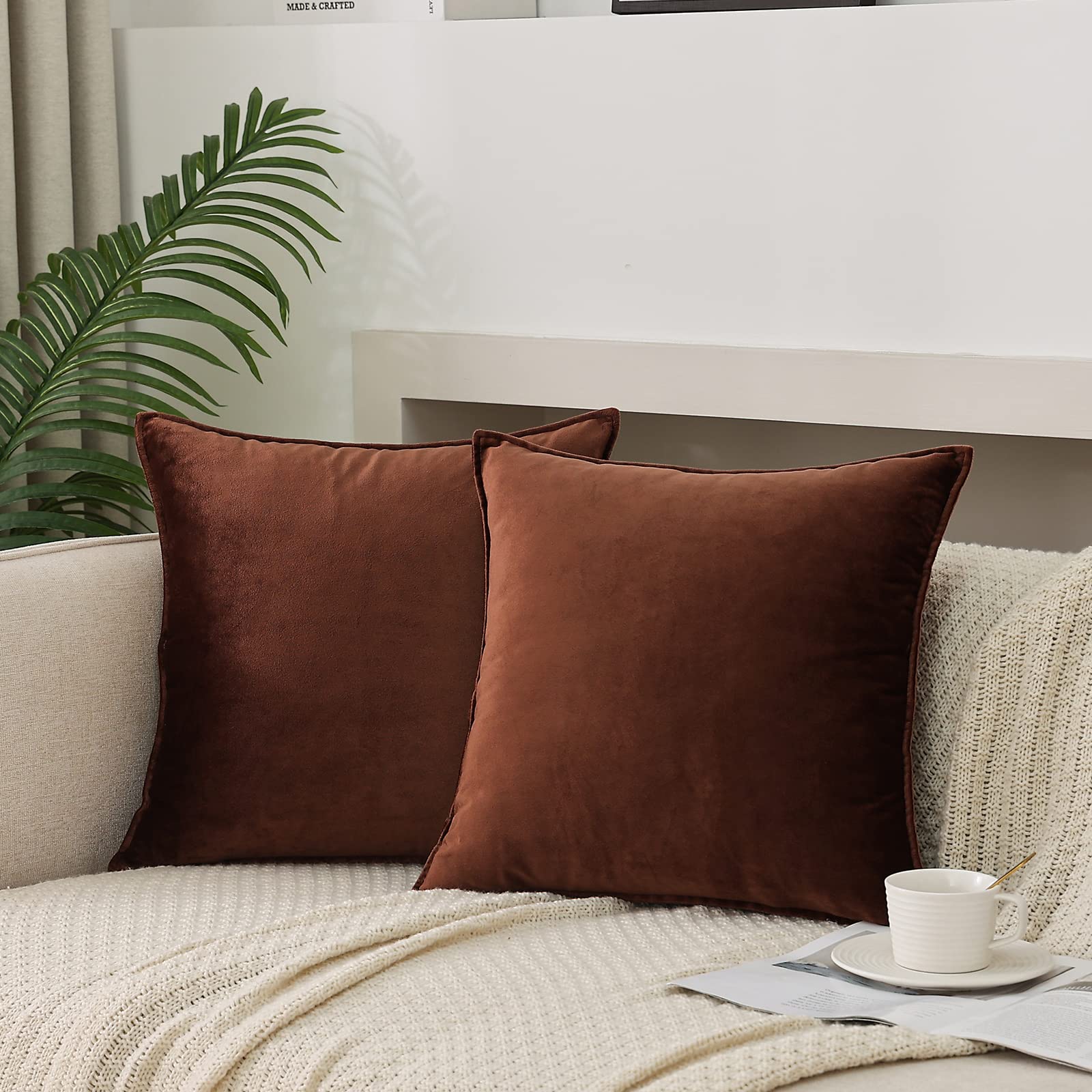 Jiahannha Velvet Brown Throw Pillow Covers Pack Of 2 Spring Decorative Soft For Couch Sofa Bed Livingroom Office 18  18 Inches